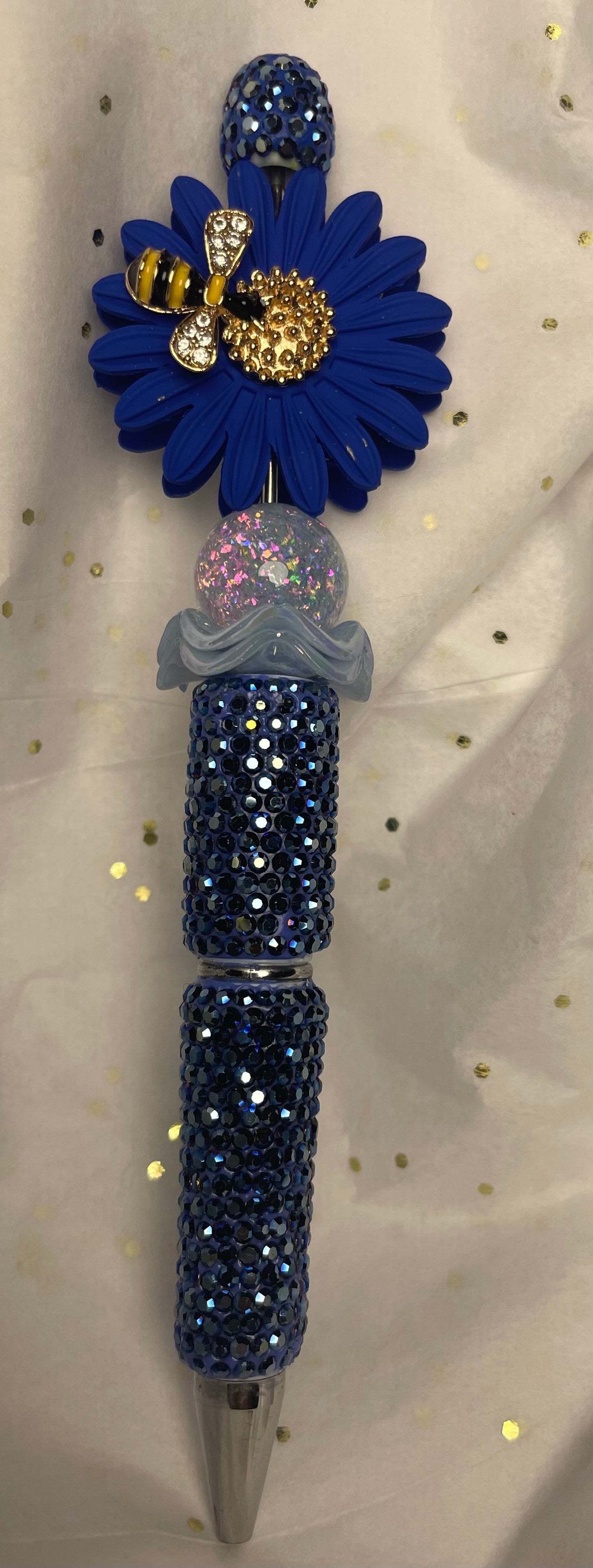 Blue Sparkly Pen with Blue Sunflower and Bee