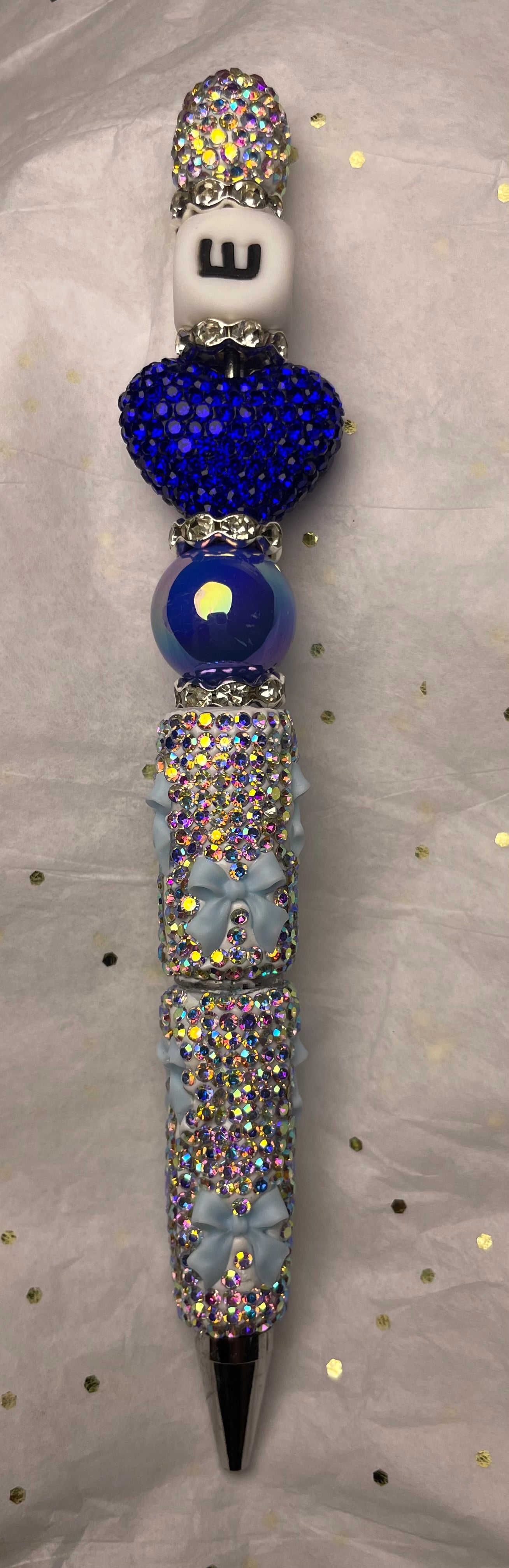 Blue and Silver Pen with Deep Blue Heart at the Top and light Blue Bows