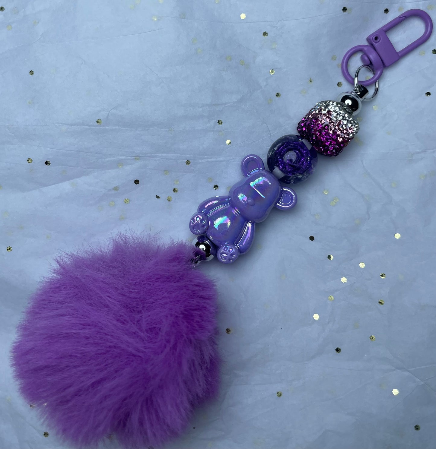 Fluffy Purple Charm for keychain with Shiny Bear