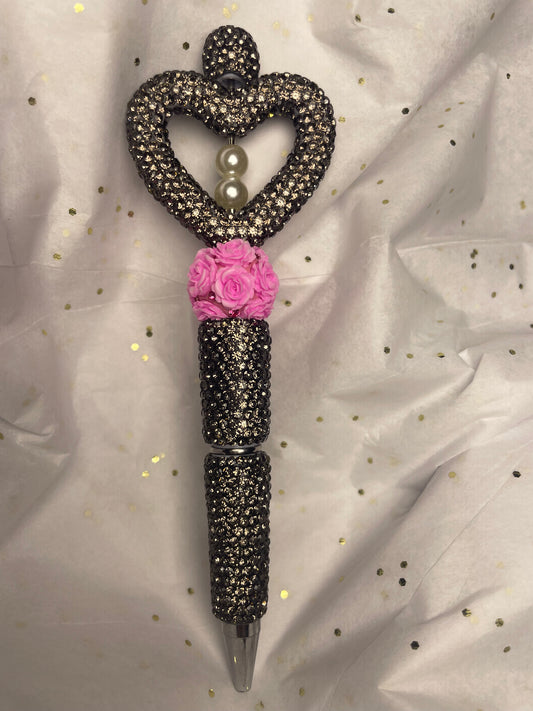 Decorative pen with black gemstones, Pink Rose & Pearl