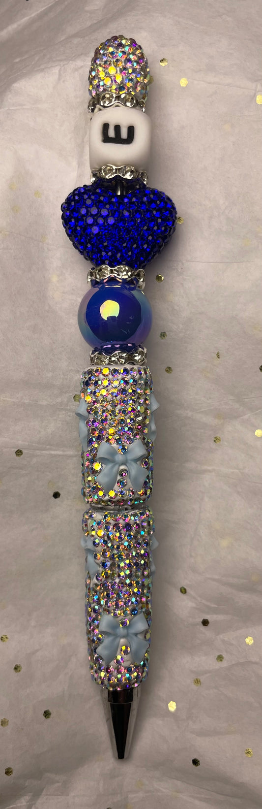Blue and Silver Pen with Deep Blue Heart at the Top and light Blue Bows