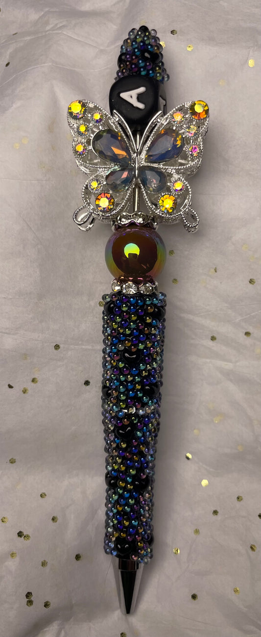 Black Opaque Pen with Initials "A" and Sparkly Butterfly at the Top