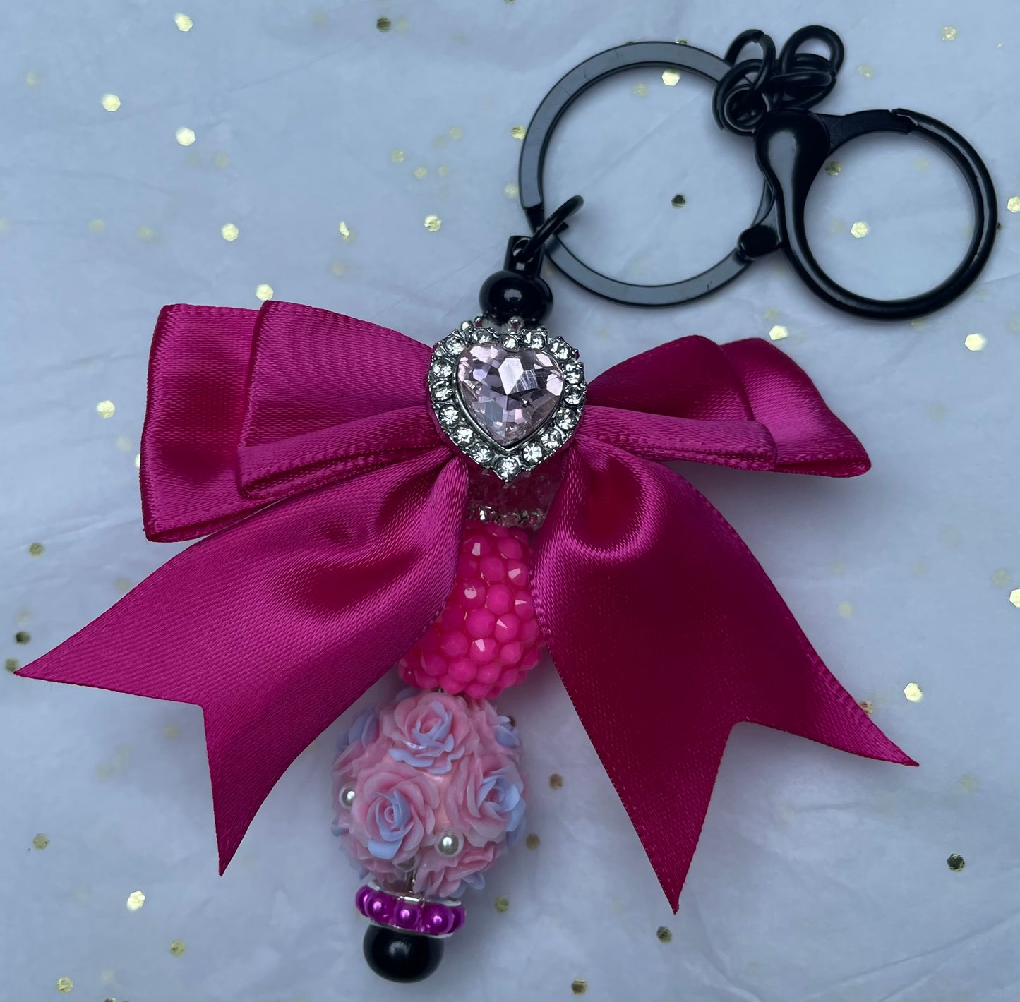 Pink Bow Charm for Keychain with Flowers